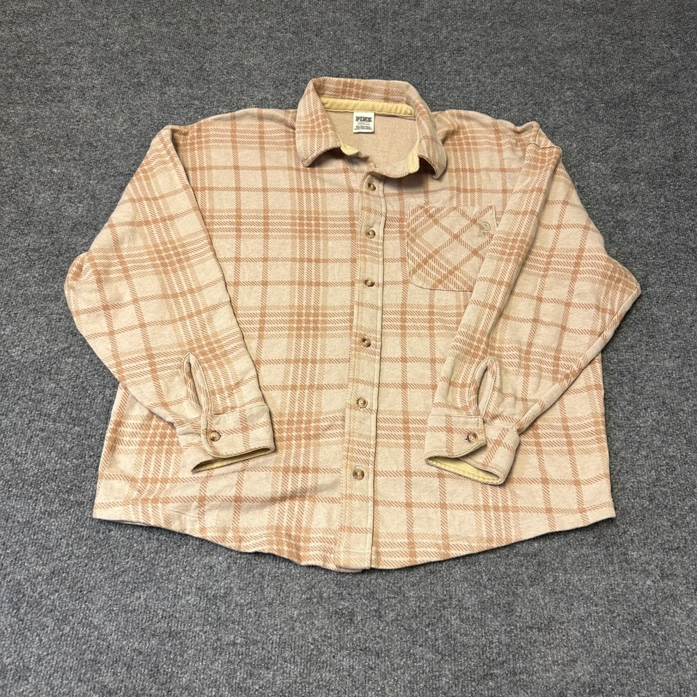 PINK Button Down Womens Size S Tan Plaid Fleece Relaxed Fit Long Sleeve Shirt